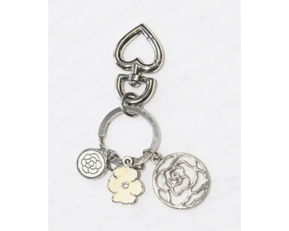 Camellia Flowers Silver Tone Floral Bag Charm Key Chain with Heart Clasp